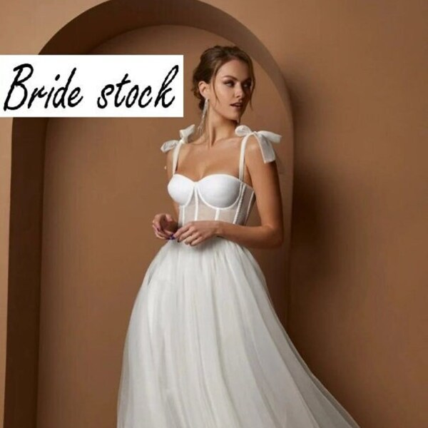 Short Wedding Dresses, Spaghetti Strap A Line Tea Length White Bridal Gown I.D 427