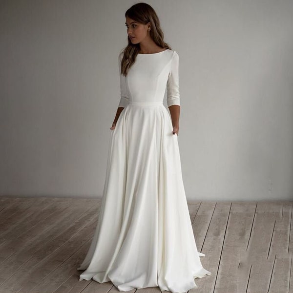 Elegant white bridal With Pockets/ Long Sleeves Simple satin Wedding Dress Long Sleeves A Line Crepe Boat Neck  Plus Size  I.D 364