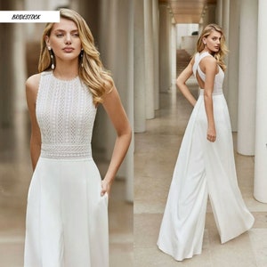 VERA -Bridal jumpsuit  Summer Simple White Bride Wedding Boho Beach Dress, V Neck, Party Gown, Bridestock, Long Chiffon Wedding Gowns