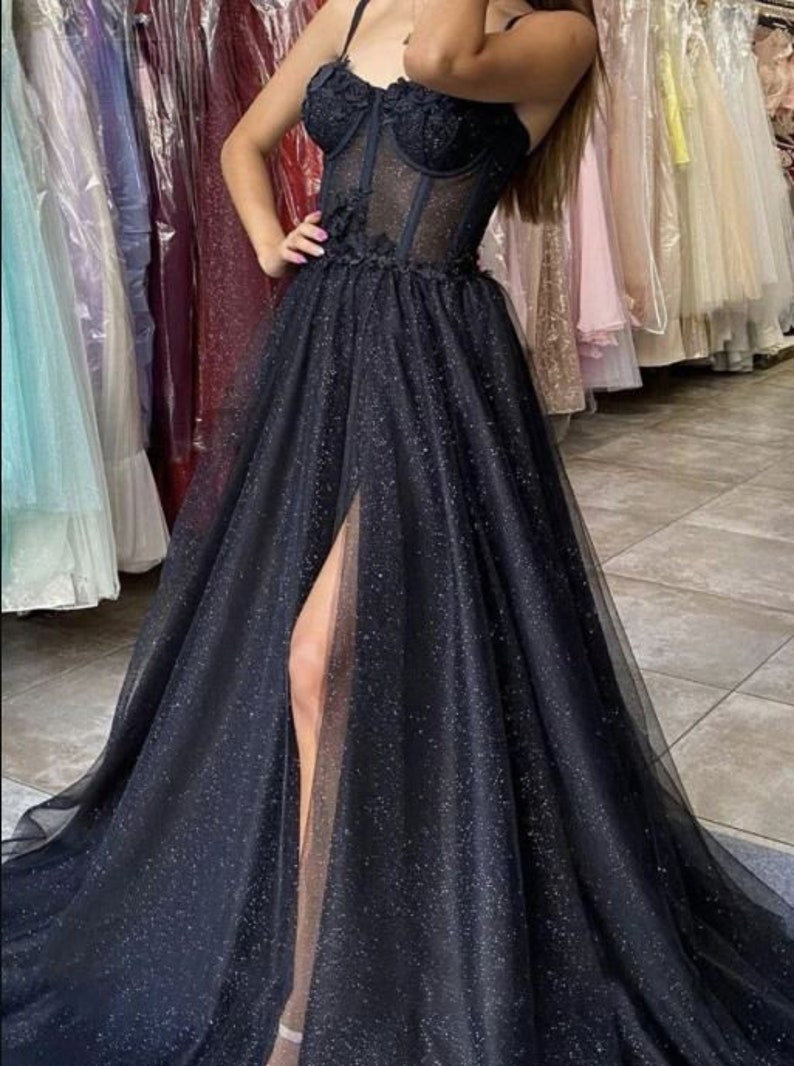 Black Glitter A Line Tulle Prom Dresses 3D Flowers Long - Etsy