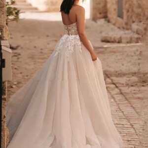 Tulle Bridal Dress,Split Wedding Gown,Floral Applique Sleeveless Wedding Dress