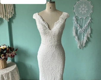 Boho Lace  v neck wedding dress  I.D 470