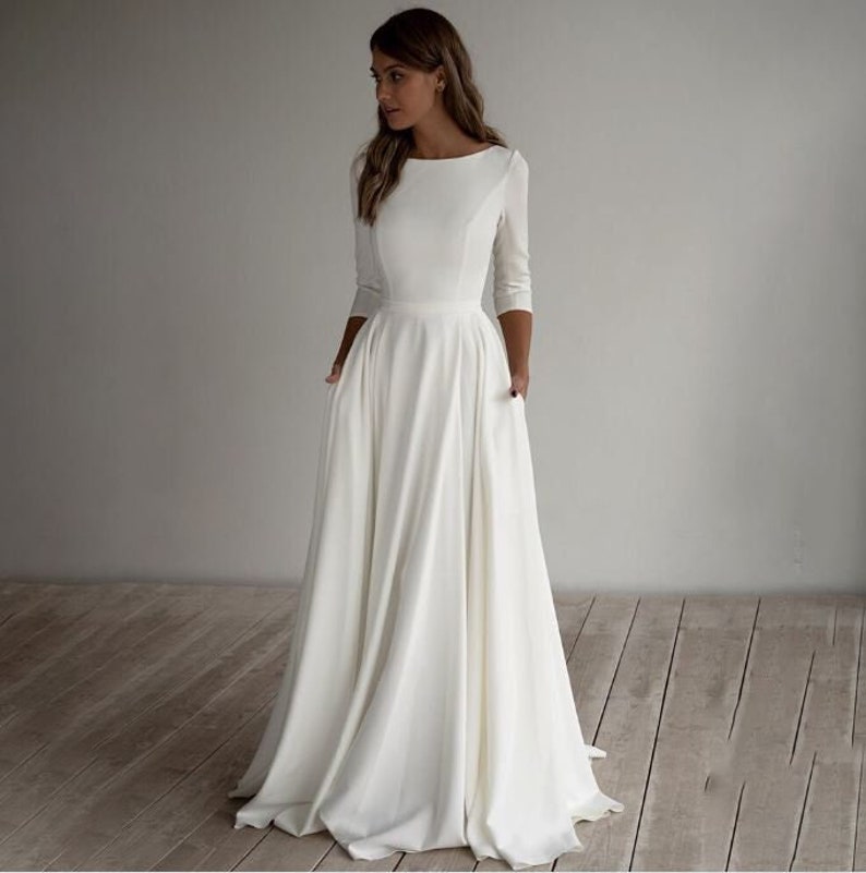 Elegant White Bridal With Pockets/ Long Sleeves Simple Satin - Etsy