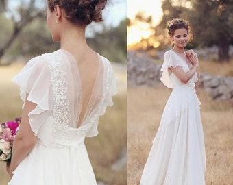 Beach Wedding dress Boho V-Neck Wedding Dresses/ Chiffon A Line Short Sleeves Backless Floor Length Ruffles I.D 413