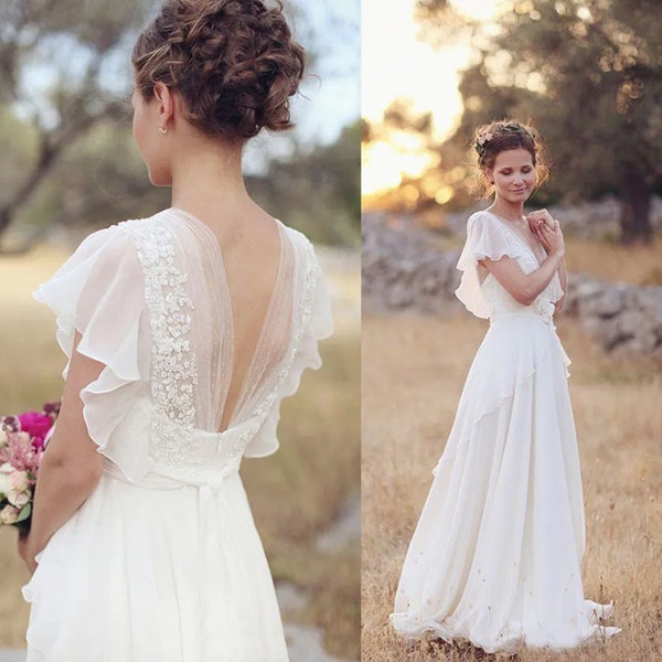Beach Wedding dress Boho V-Neck Wedding Dresses/ Chiffon A Line Short Sleeves Backless Floor Length Ruffles I.D 413