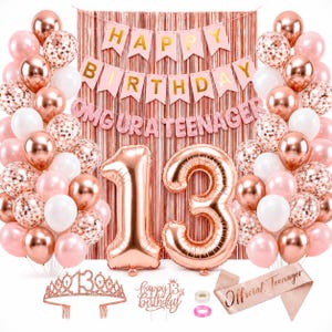 Rose Gold 13th Birthday Decorations Set for Girls, Banner, Crown, Sash