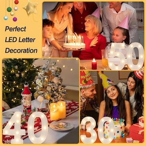 May include: A collage showcasing LED number decorations for birthdays and celebrations. The numbers 50, 40, and 30 are illuminated, alongside festive scenes with cakes, candles, and party hats. The text "Perfect LED Letter Decoration" is also visible.