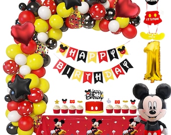 Mickey Mouse 1st Birthday Party Supplies Decorations with mickey arch "1" Foil Balloon Hat Door Sign Cupcake Toppers Birthday Decorations