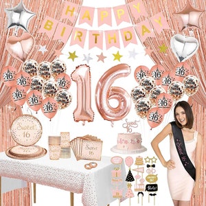 Rose Gold Sweet 16 Birthday Decorations With Photo Booth Backdrop and Props Sweet 16th Birthday Party Supplies with Plates,Napkins,glass.