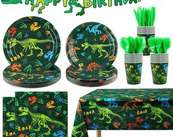 Dinosaur Birthday Party Supplies Serve 20, Tableware Kit with Plates, Cups, Napkins, Banner, Tablecloth