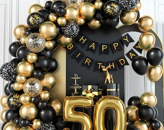 50th Birthday Decorations for Men & Women Black and Gold Balloons Garland Arch Kit with Number 50 Foil Confetti Balloons.