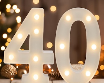 Op de afbeelding: Verlichte witte cijfers '40' met warmwitte lampjes. De vrijstaande cijfers zijn van binnenuit verlicht. De achtergrond toont vage lichtslingers en decoraties, wat een feestelijke sfeer creëert.