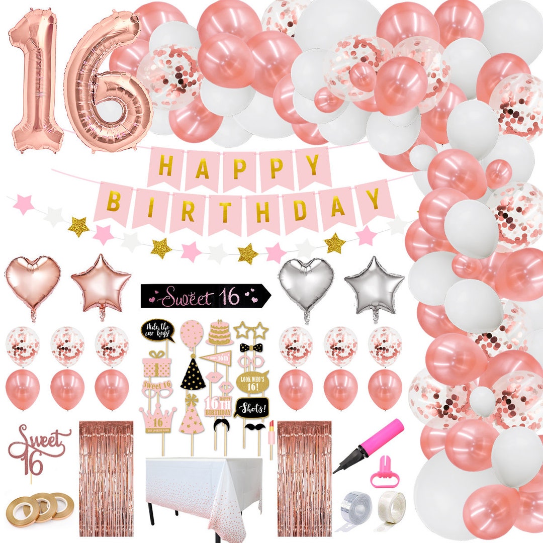 Déco Anniversaire 16 Ans Rose Gold – Bannière Happy 16th Birthday + Fanions + Tourbillons Suspendus