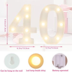 May include: White illuminated number 40 with warm LED lights. The numbers are 8.6 inches (21.8 cm) tall and can be hung on the wall. The number 4 is 6.3 inches (15.9 cm) wide, and the number 0 is 5.7 inches (14.6 cm) wide. Battery operated.