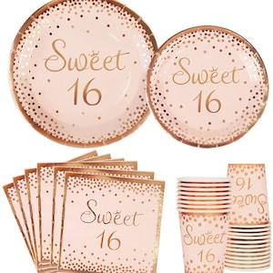 May include: Sweet 16 party supplies in pink and rose gold. The set includes large and small plates, napkins, and cups. All items feature a confetti pattern and the text "Sweet 16".