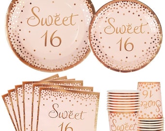 May include: Sweet 16 party supplies in pink and rose gold. The set includes large and small plates, napkins, and cups. All items feature a confetti pattern and the text "Sweet 16".
