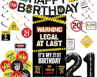 21st Birthday Caution Theme Party Kit, Legal At Last Decorations, Balloons Banner