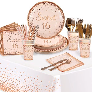 May include: A pink and gold Sweet 16 party supplies set with plates, napkins, cups, and straws. The set features a confetti pattern with gold glitter accents.