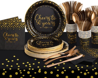 50th Birthday Party Supplies Tableware Serves 24: 9" Paper Plates 7" Plate 9 Oz Cups Napkins Forks Knives Tablecloth Black & Gold Dot Themed
