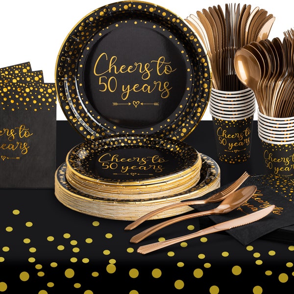 50th Birthday Party Supplies Tableware Serves 24: 9" Paper Plates 7" Plate 9 Oz Cups Napkins Forks Knives Tablecloth Black & Gold Dot Themed