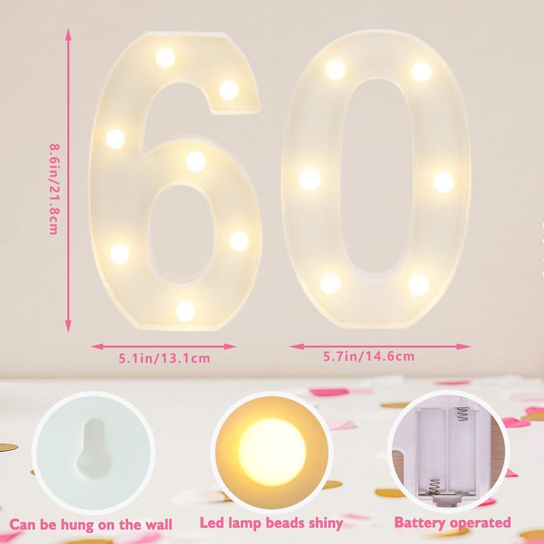 Light Up Number 60, Birthday Party Decor, Reusable Marquee Sign image 2