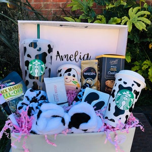 PERSONALISED COW PRINT hamper Starbucks cup Luxury pamper Hot cold Gift basket Reusable cup Easter Birthday gift Moo image 2