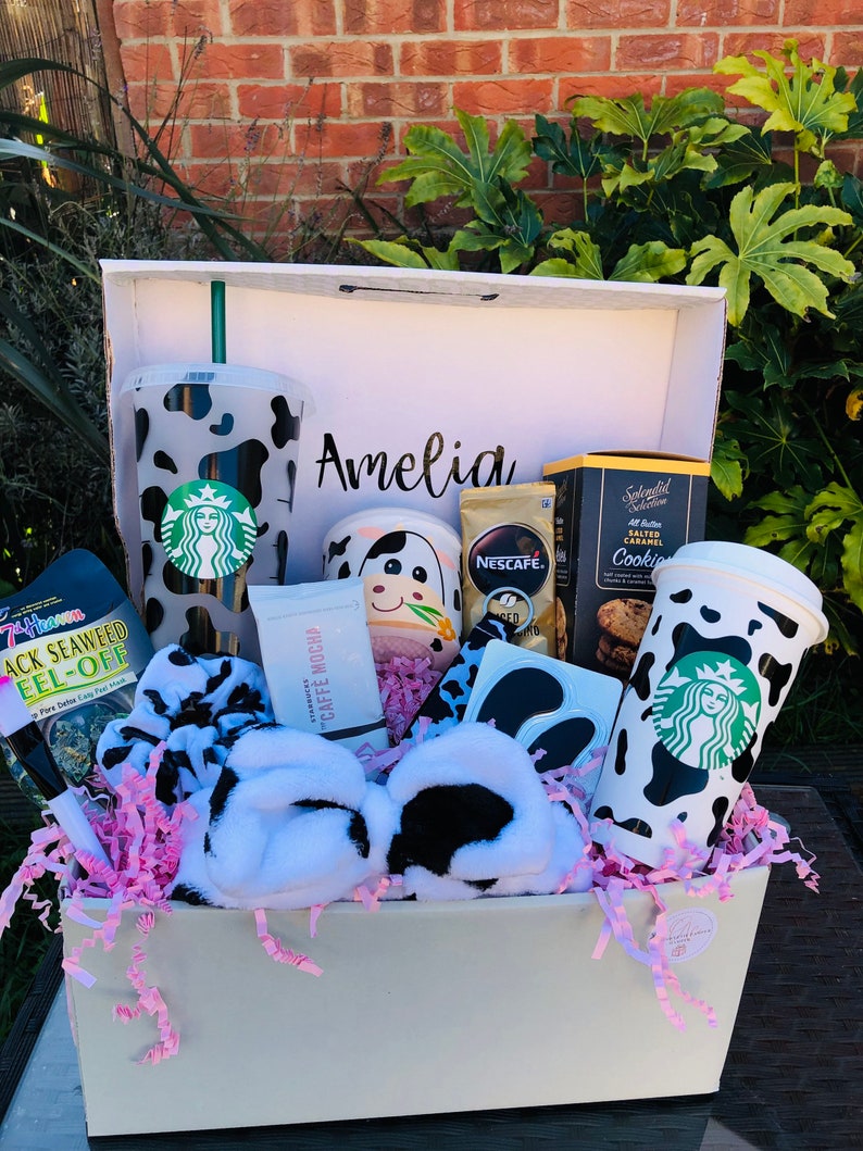 PERSONALISED COW PRINT hamper Starbucks cup Luxury pamper Hot cold Gift basket Reusable cup Easter Birthday gift Moo image 2