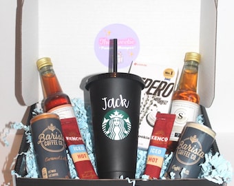 パーソナライズされたスターバックスコーヒー、アイスコーヒーキット、ハンパー、冷たい、ギフトバスケット、誕生日、再利用可能なカップ、お見舞い、お父さん、クリスマス、メンズ