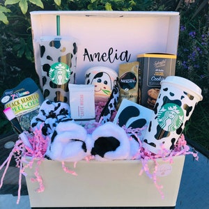 PERSONALISED COW PRINT hamper Starbucks cup Luxury pamper Hot cold Gift basket Reusable cup Easter Birthday gift Moo image 1