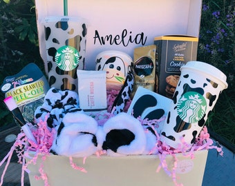 PERSONALISED COW PRINT hamper |Starbucks cup | Luxury pamper | Hot cold | Gift basket | Reusable cup | Mother’s Day  | Birthday gift | Moo |