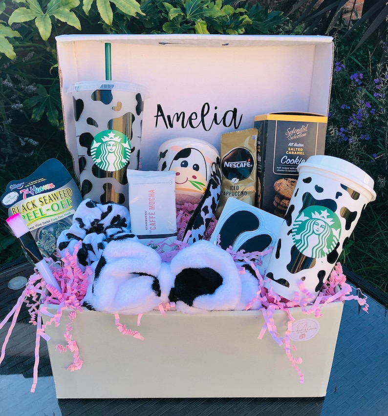 PERSONALISED COW PRINT hamper Starbucks cup Luxury pamper Hot cold Gift basket Reusable cup Easter Birthday gift Moo image 1