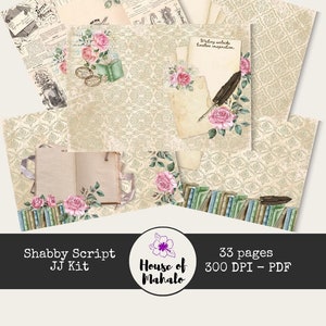 Puede incluir: Un kit de scrapbooking digital con 33 páginas con un diseño shabby chic con rosas, libros y una estética vintage. El kit es de 300 DPI y en formato PDF. El texto "Writing unlocks timeless imagination." está incluido en el kit.