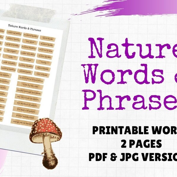 Nature Words & Phrases For Journals and Crafting | Digital Junk Journal Printable | Printable Word Ephemera | Junk Journal Supply