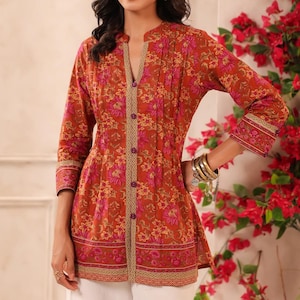Hand block printed cotton floral top Red Jaipuri print Kurti Summer women’s Indian cotton top Blockprint top,3/4th sleeves,hip length