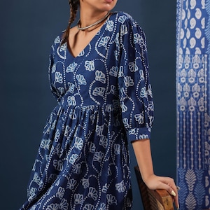 Hand Block Printed Dress Summer Midi Dress Cotton Floral Short mini Dress Indigo Blue Dress Holiday A line dress Handmade in India Vneck