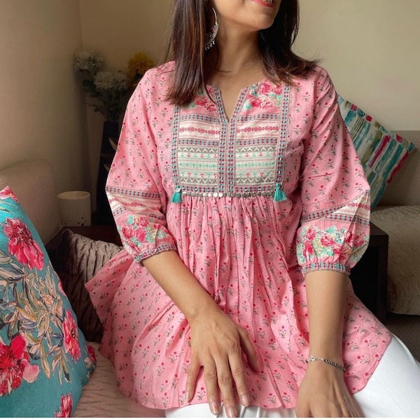 Pink print cotton empire top | Indian Cotton Kurti | Jaipuri Blockprint summer top | 3/4th sleeves indian ethnic print handmade kurta