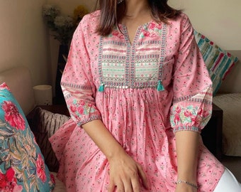 Pink Blockprint Cotton Kurti Top | Indian Summer Wear