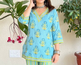 Hand Blockprint Cotton 2piece set,Blue Green cotton Kurti Pant set Jaipuri Print Indian Cotton Loungewear Set Womens co-ord kurti set