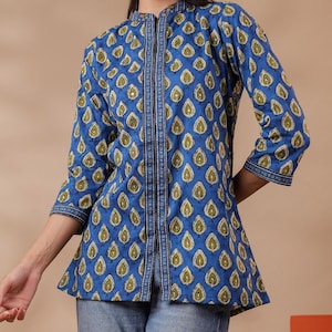 Hand block printed cotton floral top Blue Jaipuri print Kurti Summer women’s Indian cotton top Blockprint top,3/4th sleeves,hip length