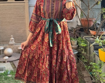 Hand Block Printed Cotton Midi Dress, Red Green Floral Tiered Summer Dress with Pockets