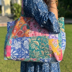 Block print Patchwork Tote Bag Jaipuri Print Floral Shoulder bag ,Yoga Bag,boho beach bag ,quilted cotton with side pocket womens handblock