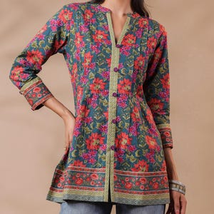 Hand block printed cotton floral top Blue Jaipuri print Kurti Summer women’s Indian cotton top Blockprint top,3/4th sleeves,hip length