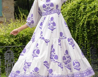 Hand Block Printed Cotton Midi Dress, White Floral A-Line, 3/4 Sleeves, Ethnic Style