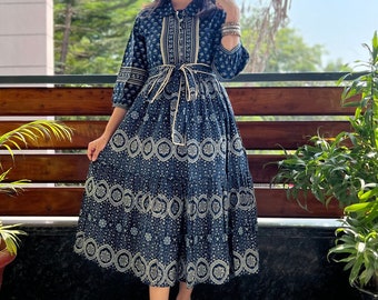 Hand Block Printed Dress Womens Christmas Gift Midi Dress Cotton Floral Dress White & Blue Dress Handmade in India Dress with pockets,belt