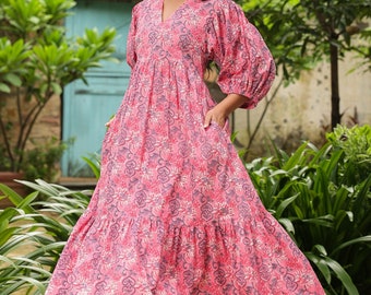 Hand Block Printed Indian Cotton Maxi Dress, Pink Floral Aline Tiered Dress