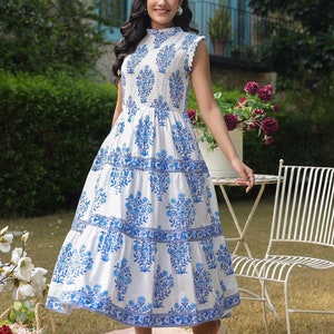 Hand Block Printed Dress|Summer Dress|Blue & white Midi length dress|Cotton floral dress A line Dress,Frill MandarinCollar,Handmade in india
