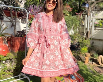 Hand Block Printed Dress | Summer Short Dress | Cotton Floral Dress | White & Pink Dress| Handmade in India | Mini Dress with belt