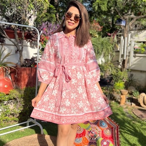 Hand Block Printed Dress | Summer Short Dress | Cotton Floral Dress | White & Pink Dress| Handmade in India | Mini Dress with belt
