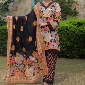 Hand block print Kurta Set with Pants|Festive Indian Salwar Kameez|Jaipuri cotton suit set Women Coord Set|Black Floral Kurti set w/dupatta