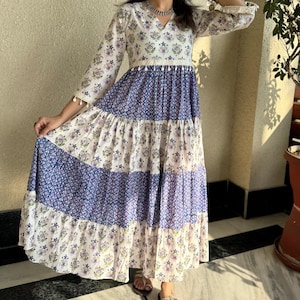 Hand Block Printed Dress Summer MIDI Dress White Blue Cotton floral A Line Tier dress  block print Dress 3/4th sleeves,handmade dress Gift